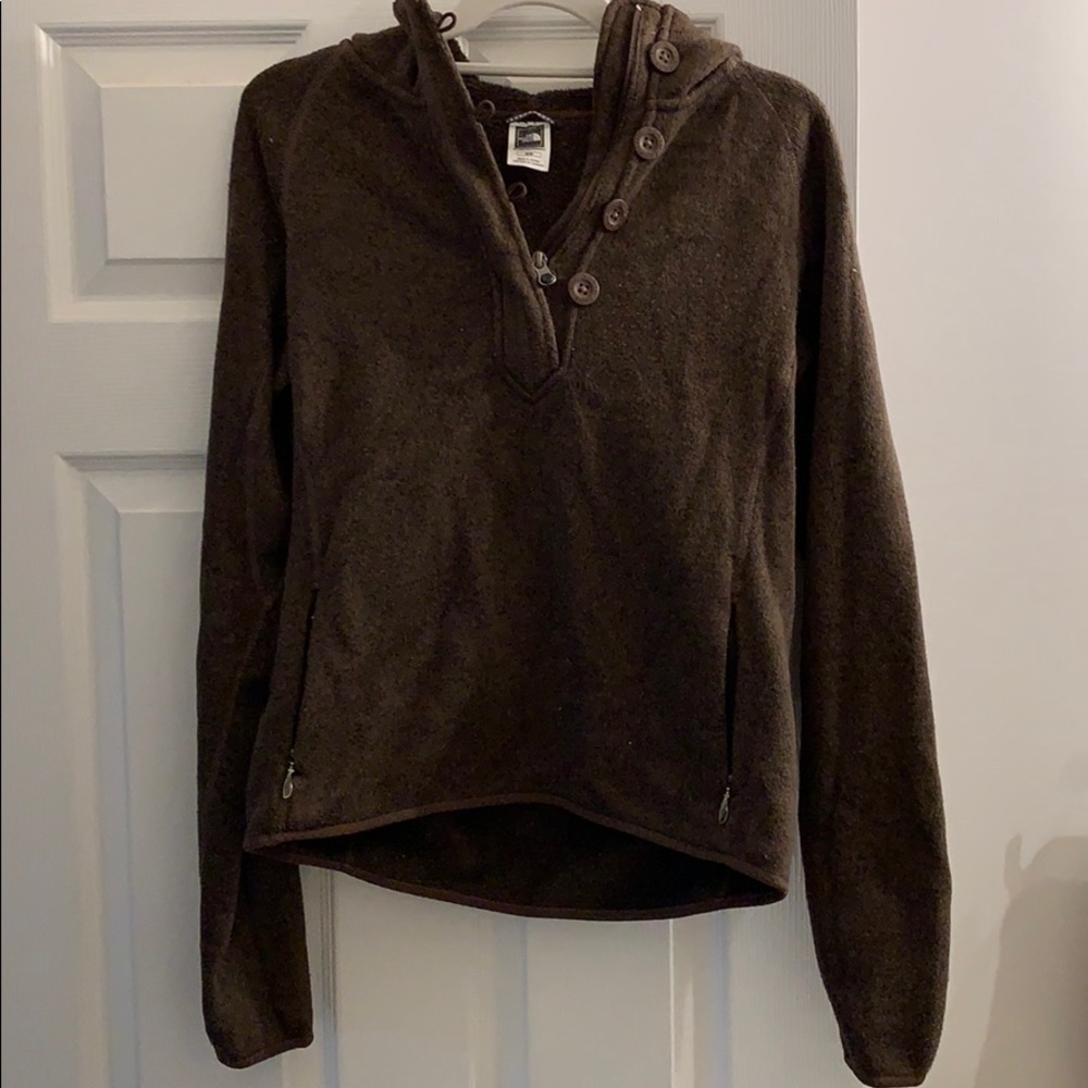 North Face brown hooded pullover.1/4 zip w/buttons